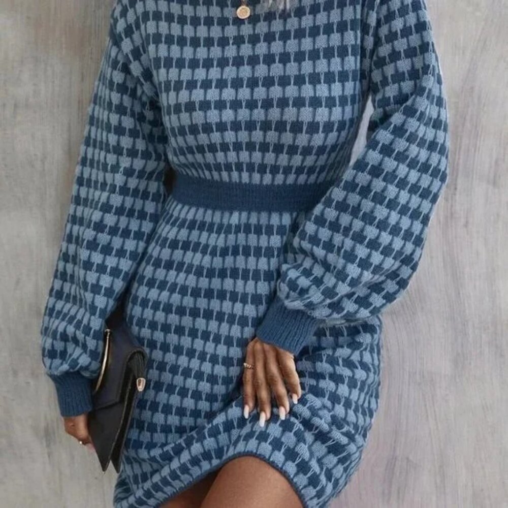 MODA ME COUTURE Sweater Dress Polyester Houndstooth Quiet Luxury L Blue - Picture 5 of 10